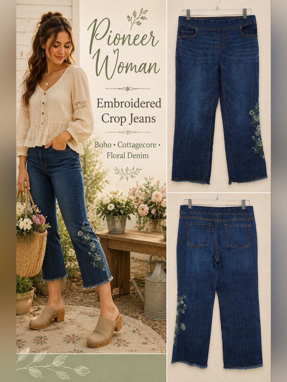 Pioneer Woman Embroidered Crop Jeans Raw Hem Floral Pull On Small